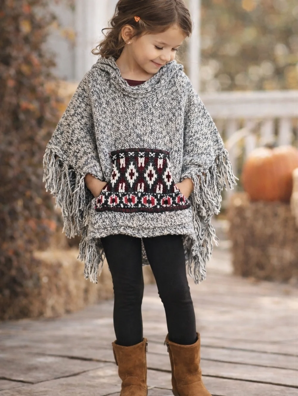 Mimi & Maggie Girls Hooded Poncho Sweater Boho Fringe Aztec Knit OS